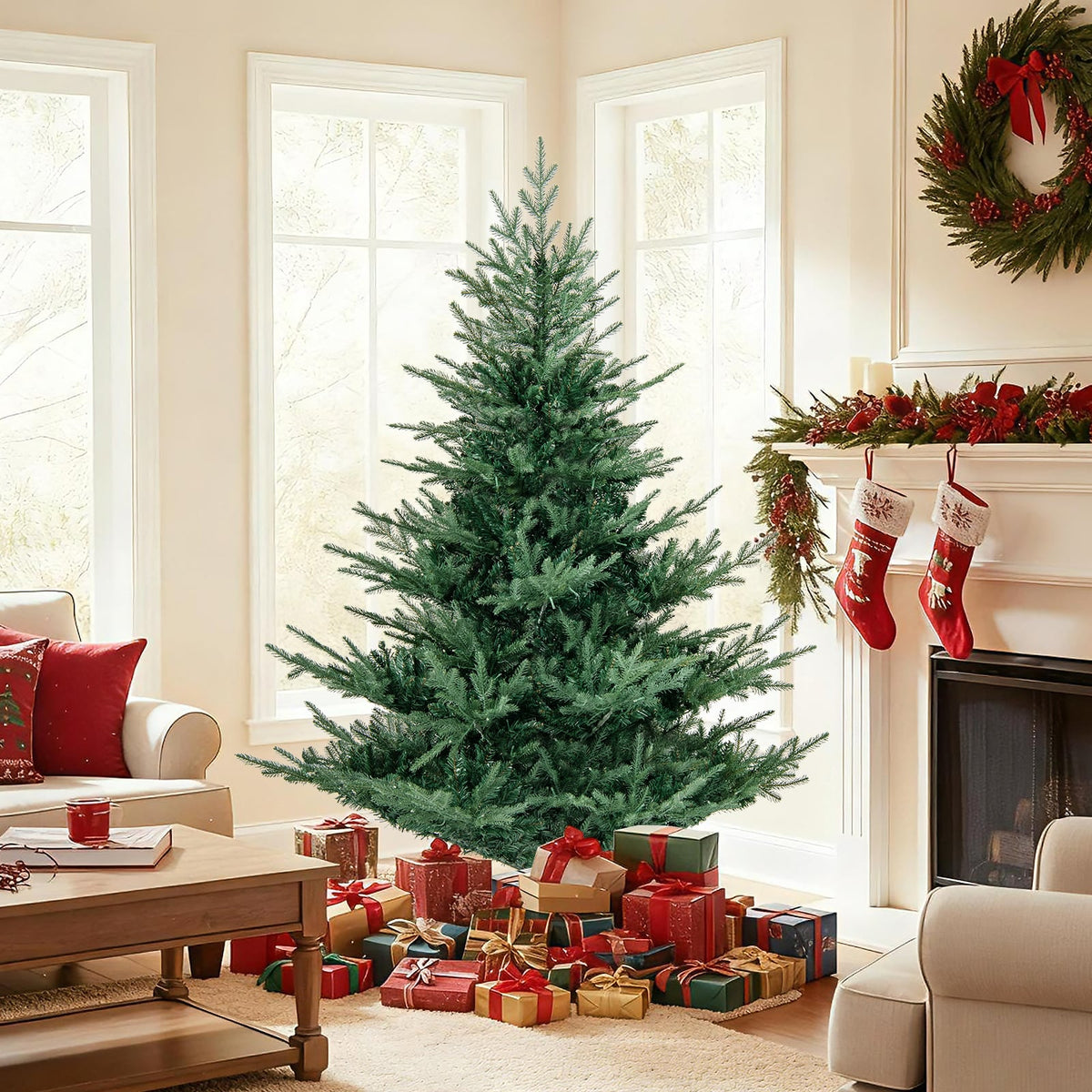 Artificial Christmas Tree with Branch Tips and Warm White LED Lights-6 Feet-Christmas Trees-DECOROLALA