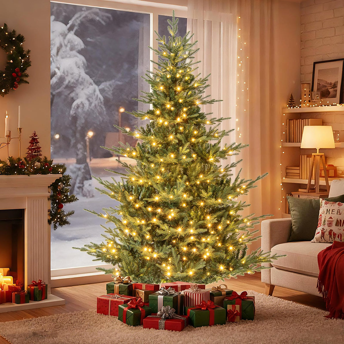 Artificial Christmas Tree with Branch Tips and Warm White LED Lights-7 Feet-Christmas Trees-DECOROLALA