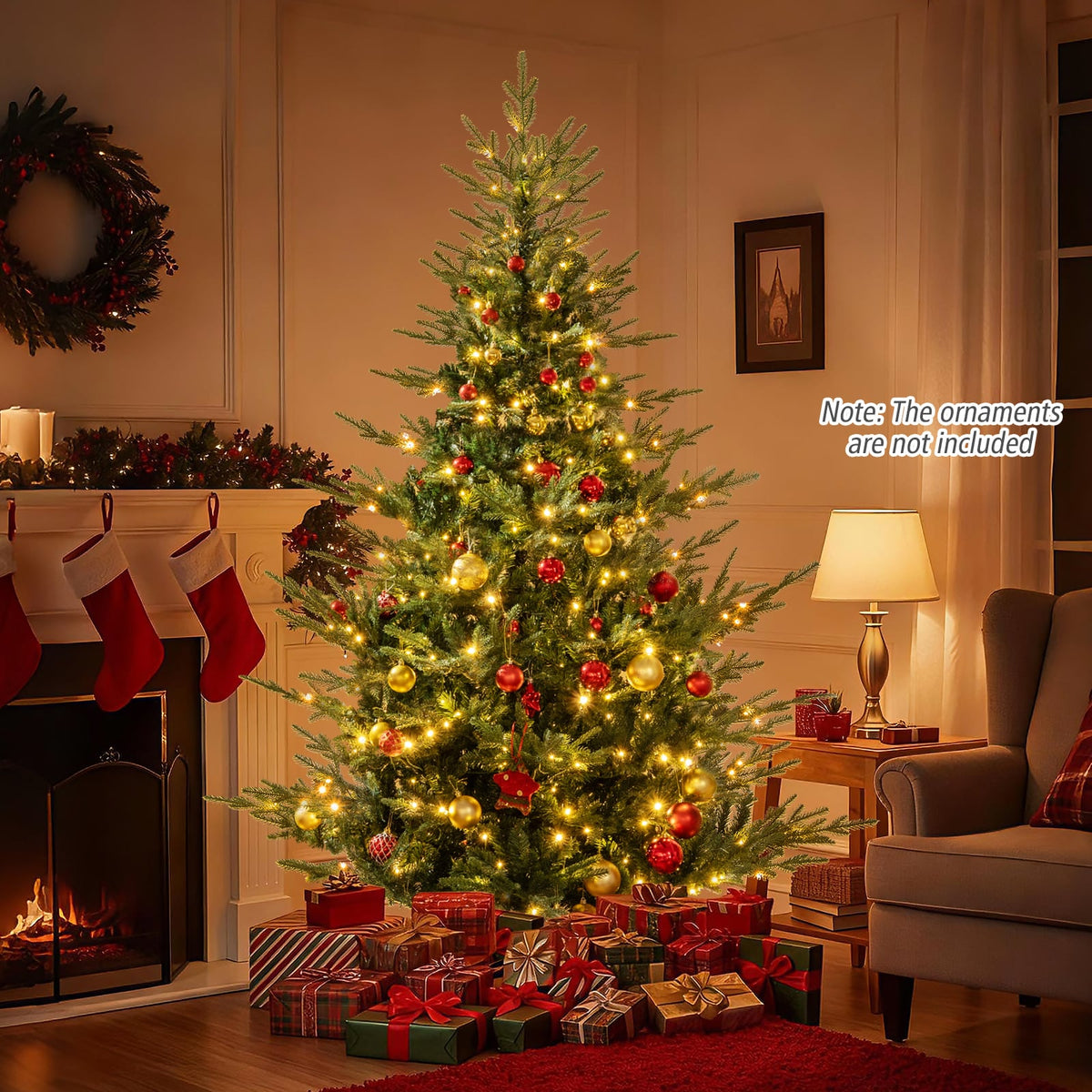 Artificial Christmas Tree with Branch Tips and Warm White LED Lights-7 Feet-Christmas Trees-DECOROLALA