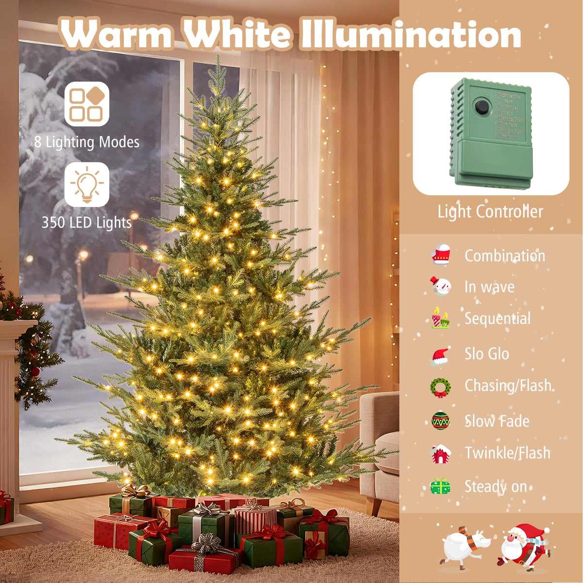 Artificial Christmas Tree with Branch Tips and Warm White LED Lights-7 Feet-Christmas Trees-DECOROLALA