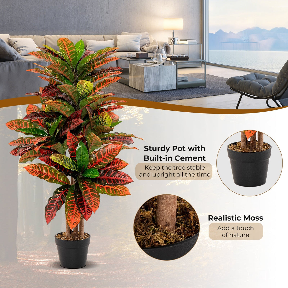 Artificial Croton Plant 40 Inch Tall Fake Croton Palm Tree with Colorful Variegated Leaves and Pot-Artificial Plants-DECOROLALA