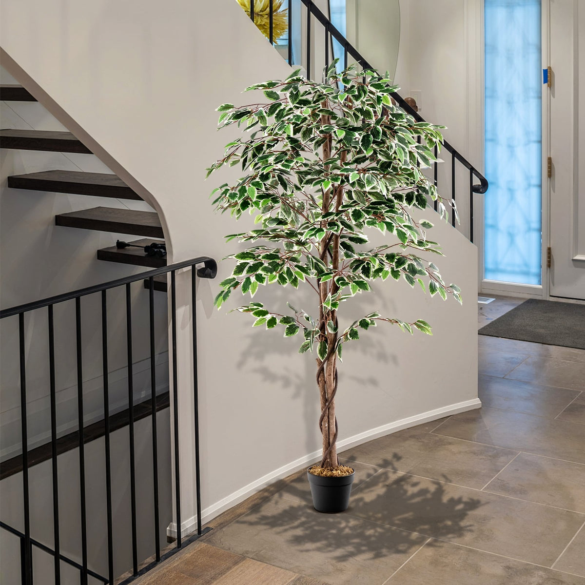 Artificial Ficus Tree Tall Faux Indoor Plant with 1008 Leaves Nursery Pot and Dried Moss-Artificial Plants-DECOROLALA