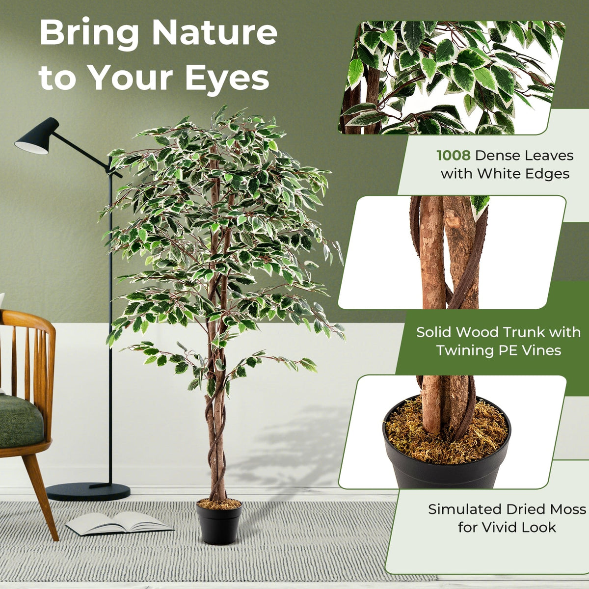 Artificial Ficus Tree Tall Faux Indoor Plant with 1008 Leaves Nursery Pot and Dried Moss-Artificial Plants-DECOROLALA