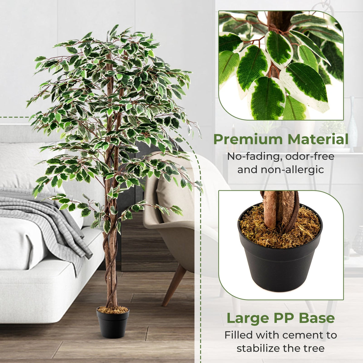 Artificial Ficus Tree Tall Faux Indoor Plant with 1008 Leaves Nursery Pot and Dried Moss-Artificial Plants-DECOROLALA