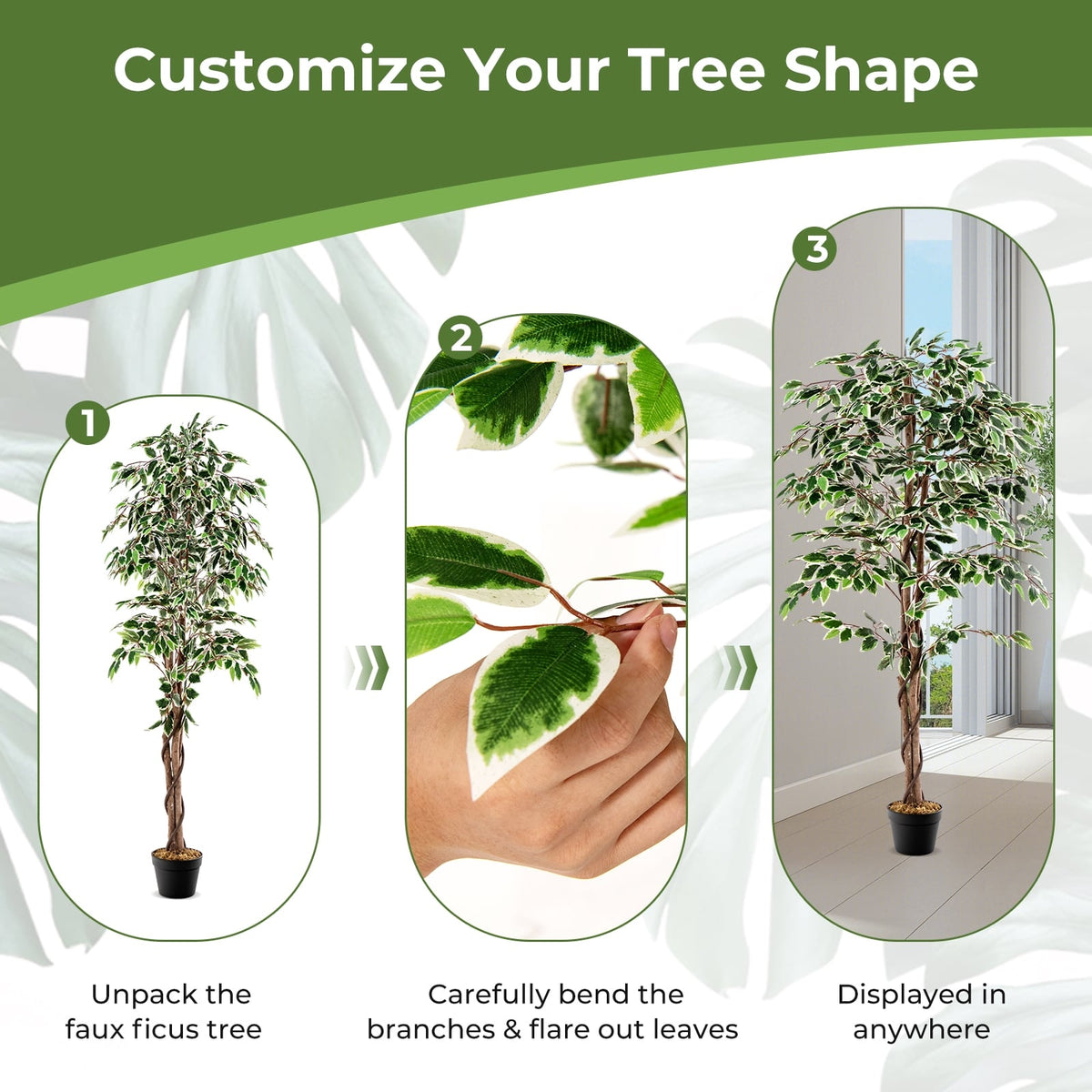 Artificial Ficus Tree Tall Faux Indoor Plant with 1008 Leaves Nursery Pot and Dried Moss-Artificial Plants-DECOROLALA