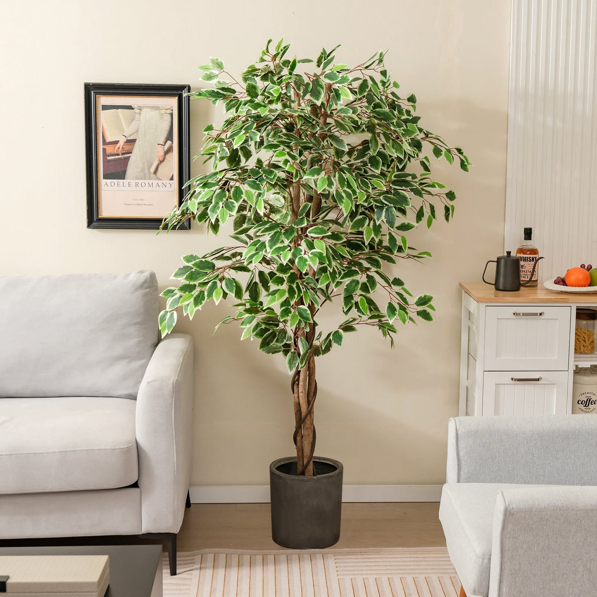 Artificial Ficus Tree Tall Faux Indoor Plant with 1008 Leaves Nursery Pot and Dried Moss-Artificial Plants-DECOROLALA