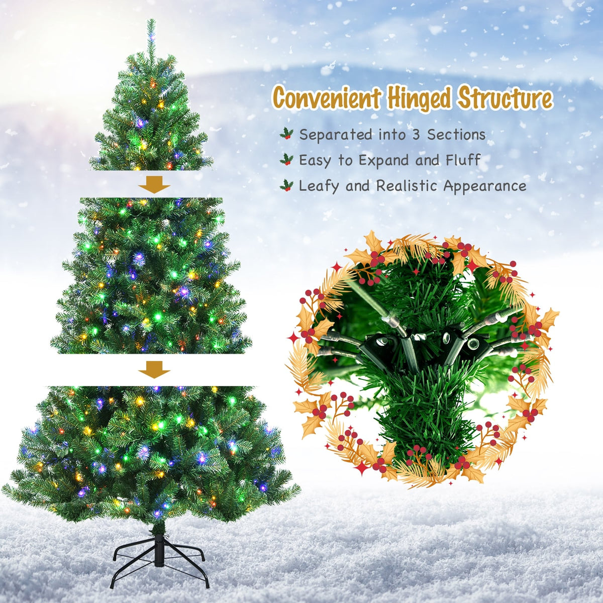 Artificial Hinged Christmas Tree with Remote-controlled Color-changing LED Lights-7'-Christmas Trees-DECOROLALA