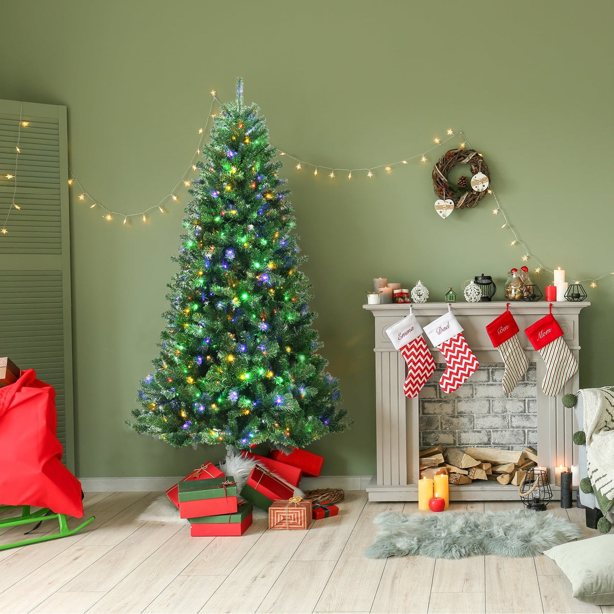Artificial Hinged Christmas Tree with Remote-controlled Color-changing LED Lights-7'-Christmas Trees-DECOROLALA
