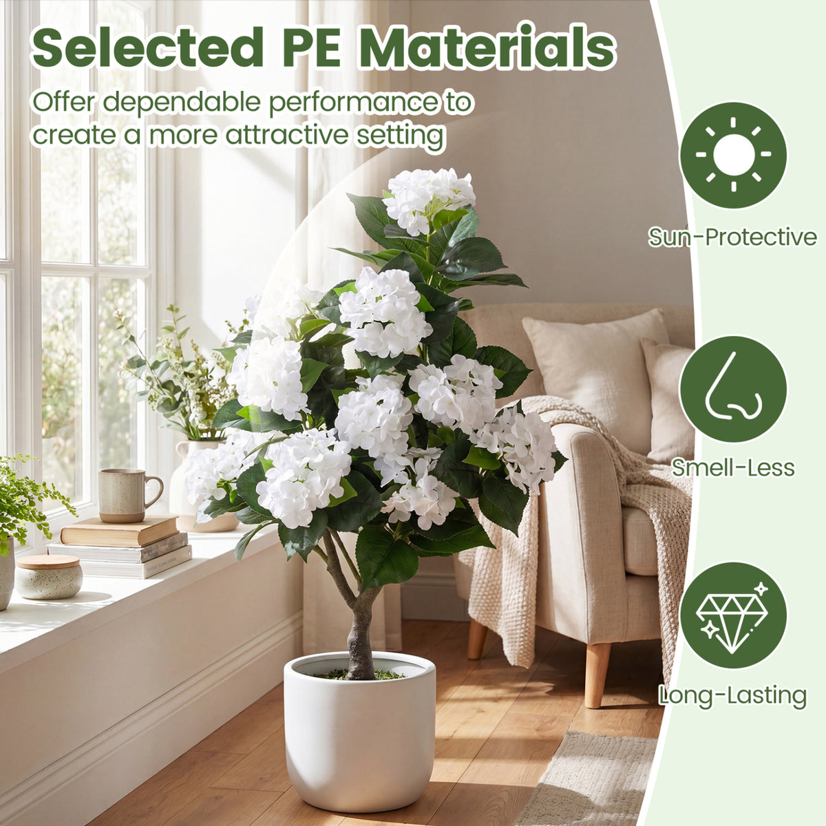Artificial Hydrangea Tree Fake Floral Plant with 11 White Flowers-White-Artificial Plants-DECOROLALA