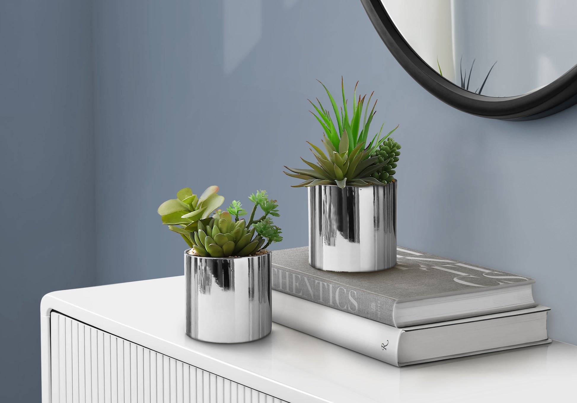Artificial Succulent Plants - 2pc Set, 7"H Chrome Pots-Artificial Plant-DECOROLALA