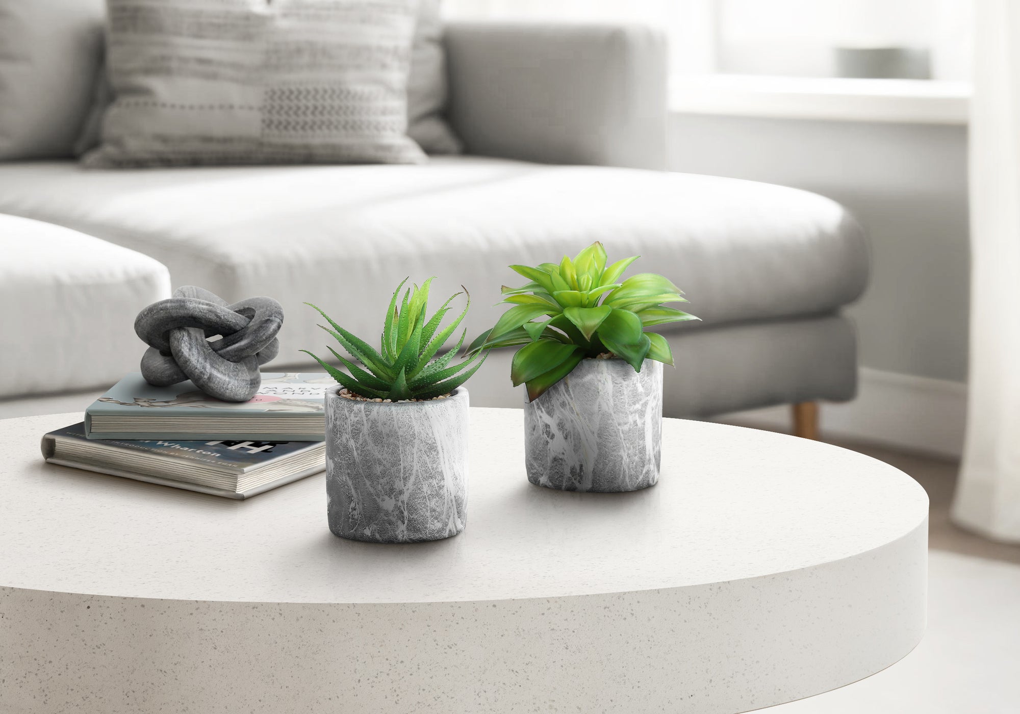 Artificial Succulent Plants - Set of 2, 7"H in Cement Pots-Artificial Plant-DECOROLALA