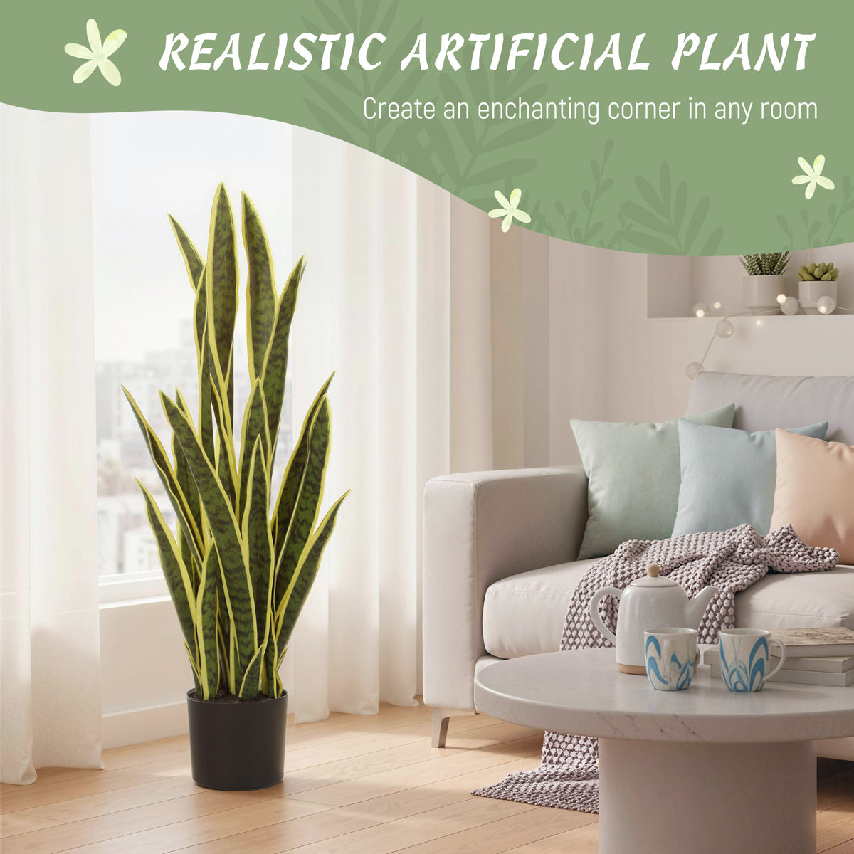 Artificial Tree, 35.4" Artificial Snake Plant with 21 Leaves in Pot for Home, Office, and Living Room, Green-Artificial Trees-DECOROLALA