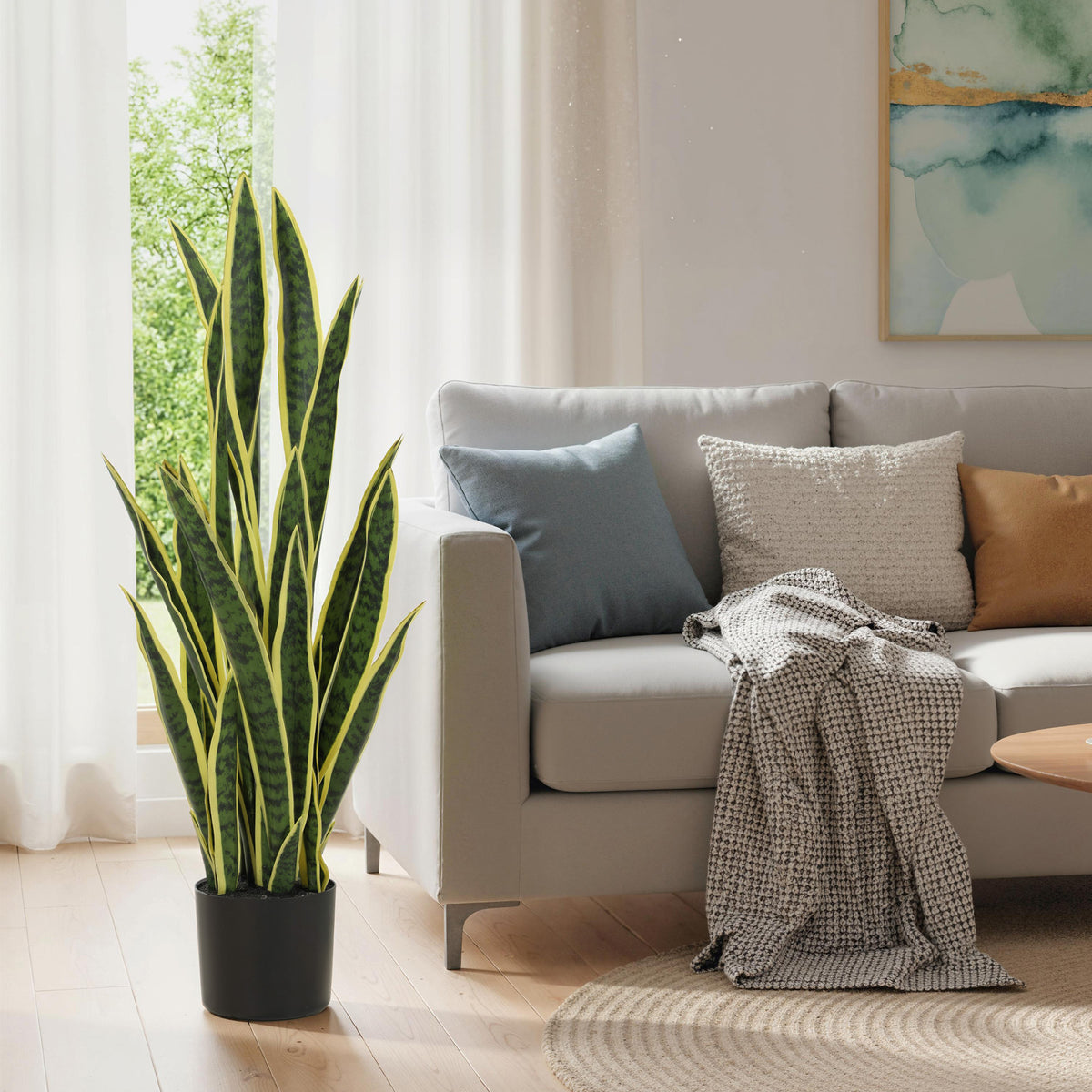 Artificial Tree, 35.4" Artificial Snake Plant with 21 Leaves in Pot for Home, Office, and Living Room, Green-Artificial Trees-DECOROLALA