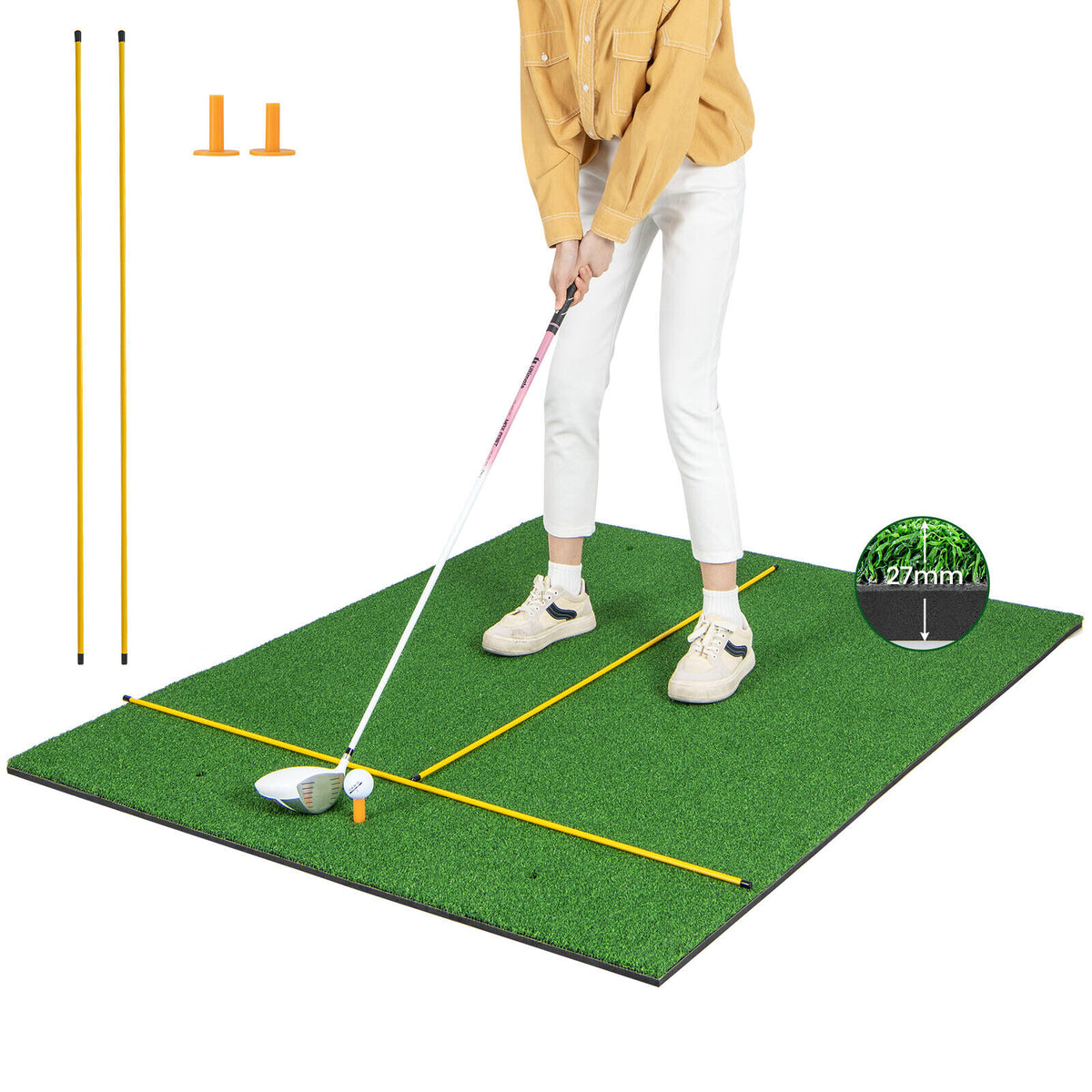 Artificial Turf Mat for Indoor and Outdoor Golf Practice Includes 2 Rubber Tees and 2 Alignment Sticks-27mm-Golf-DECOROLALA