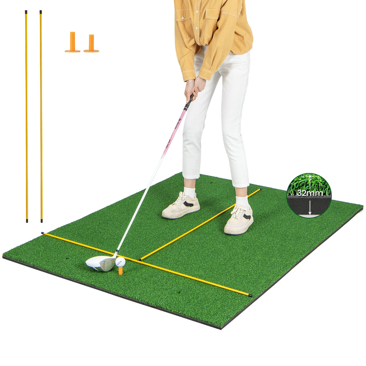 Artificial Turf Mat for Indoor and Outdoor Golf Practice Includes 2 Rubber Tees and 2 Alignment Sticks-32mm-Golf-DECOROLALA