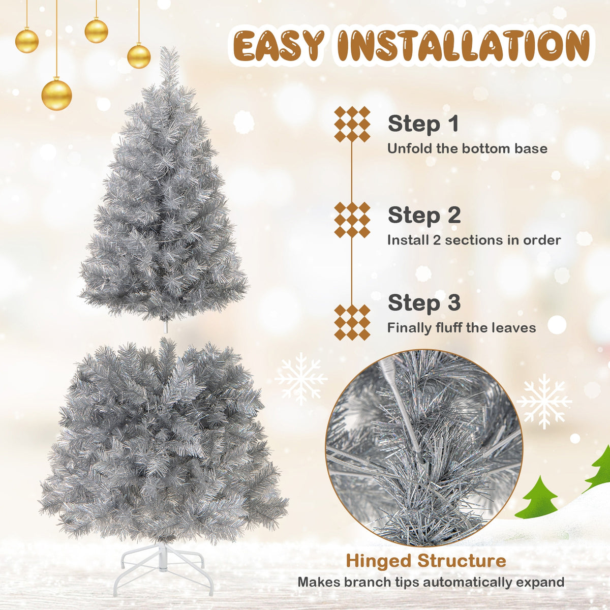 Artificial Xmas Tree with Branch Tips and Warm White LED Lights-5FT-Christmas Trees-DECOROLALA