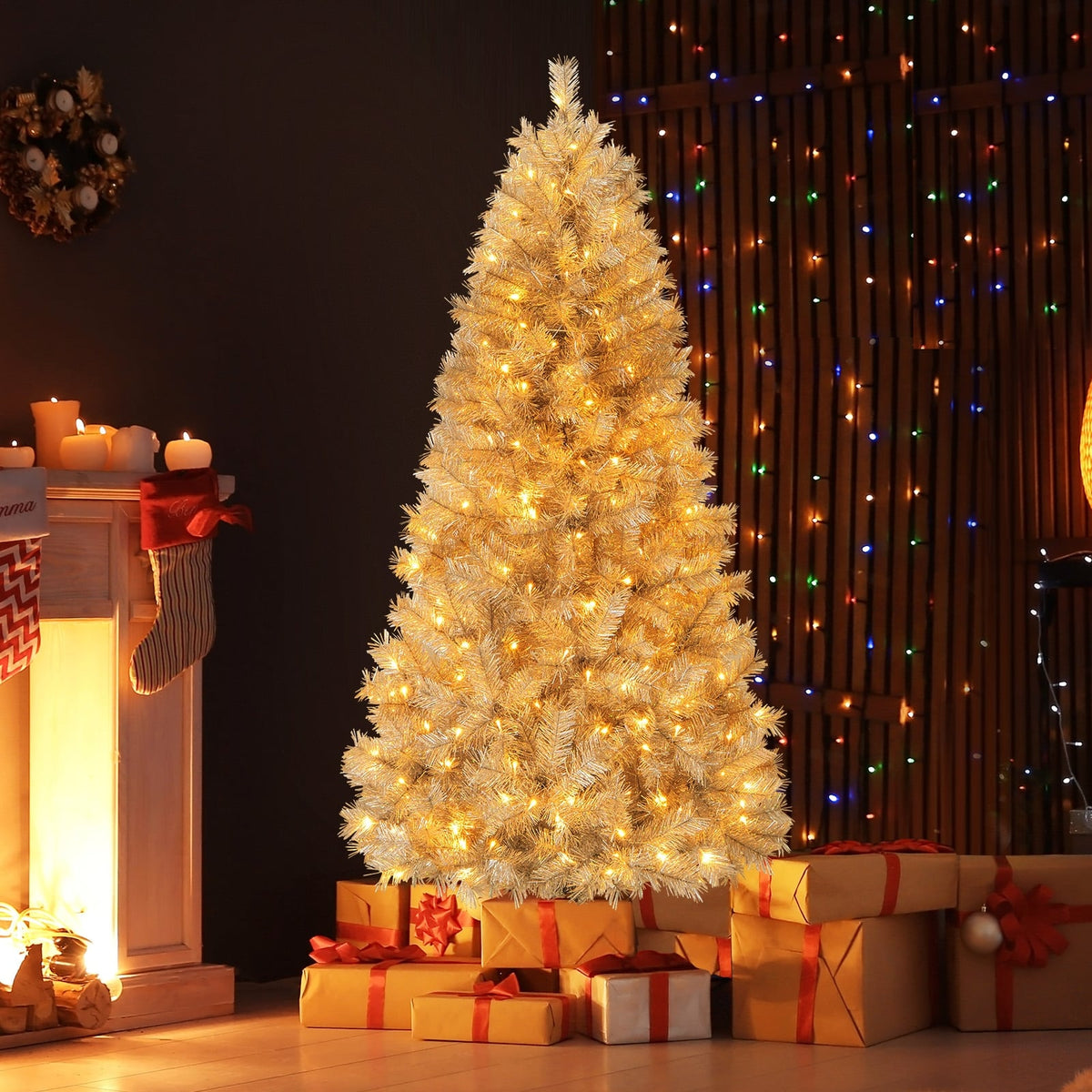 Artificial Xmas Tree with Branch Tips and Warm White LED Lights-6FT-Christmas Trees-DECOROLALA