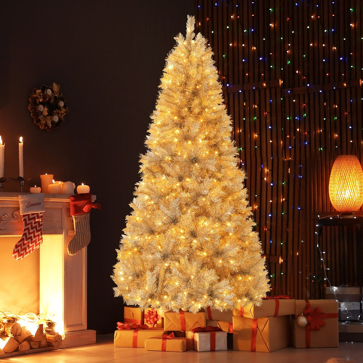 Artificial Xmas Tree with Branch Tips and Warm White LED Lights-7FT-Christmas Trees-DECOROLALA