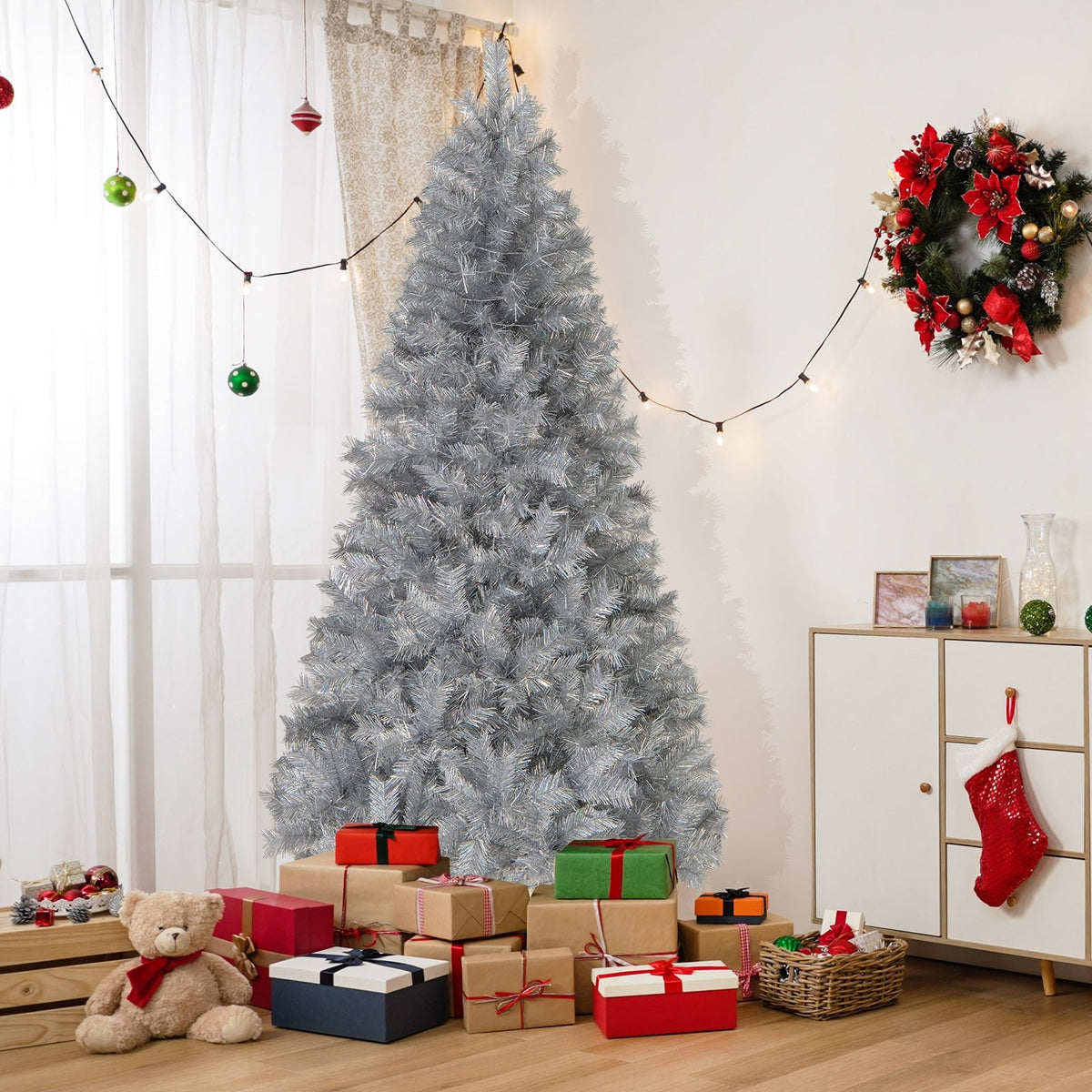 Artificial Xmas Tree with Branch Tips and Warm White LED Lights-7FT-Christmas Trees-DECOROLALA
