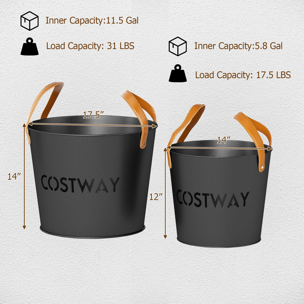 Ash Bucket Set of 2 Metal Coal Ash Can Set with 11.5 Gal and 8.5 Gal Bucket for Fireplace Fire Pits-Fireplace Tools-DECOROLALA