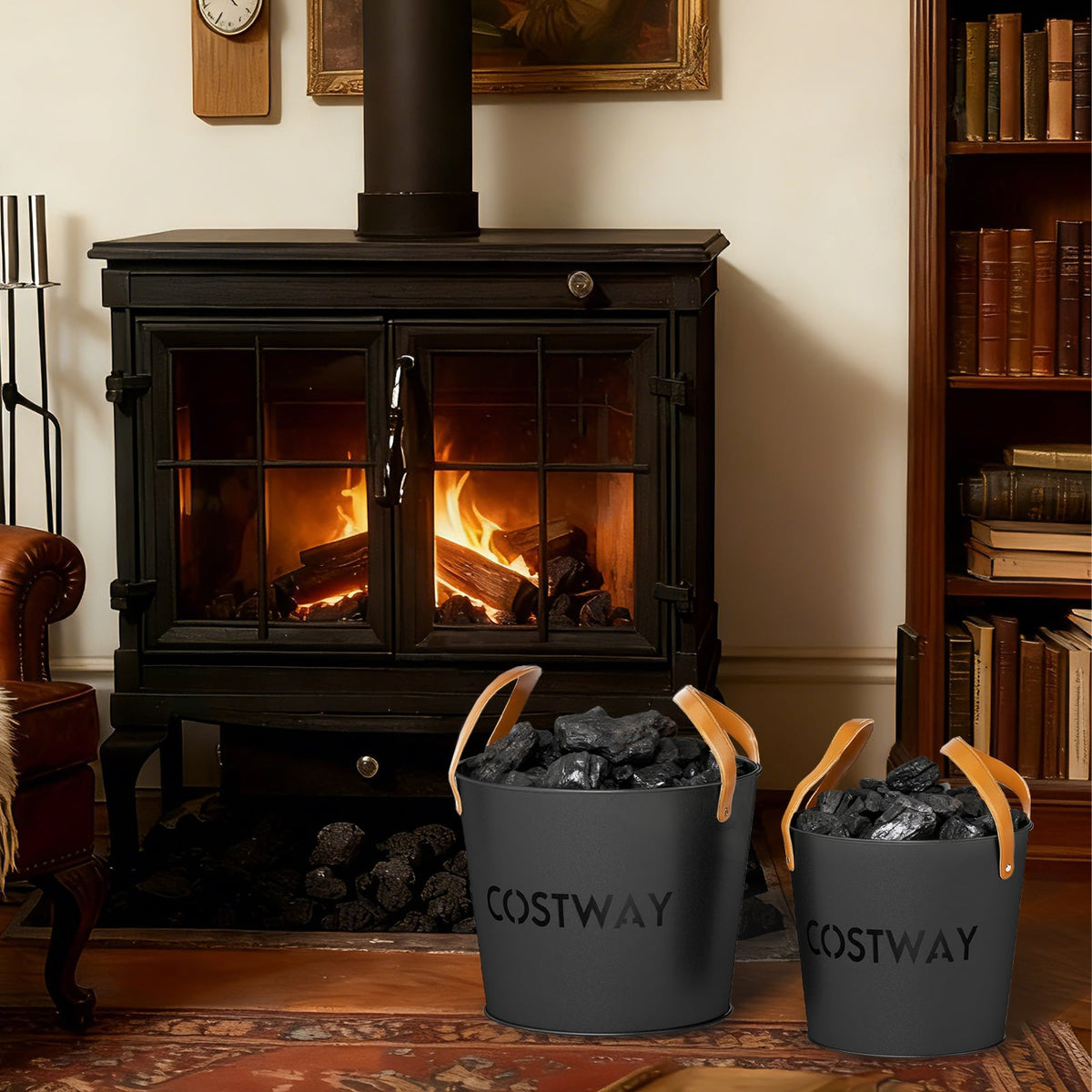Ash Bucket Set of 2 Metal Coal Ash Can Set with 11.5 Gal and 8.5 Gal Bucket for Fireplace Fire Pits-Fireplace Tools-DECOROLALA