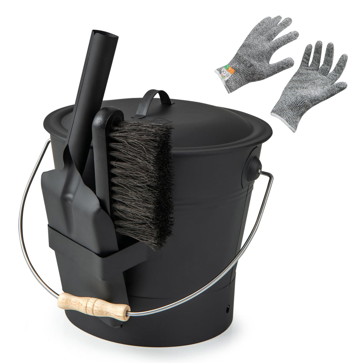 Ash Bucket with Lid and Cut-resistant Gloves-Black-Fireplace Tools-DECOROLALA