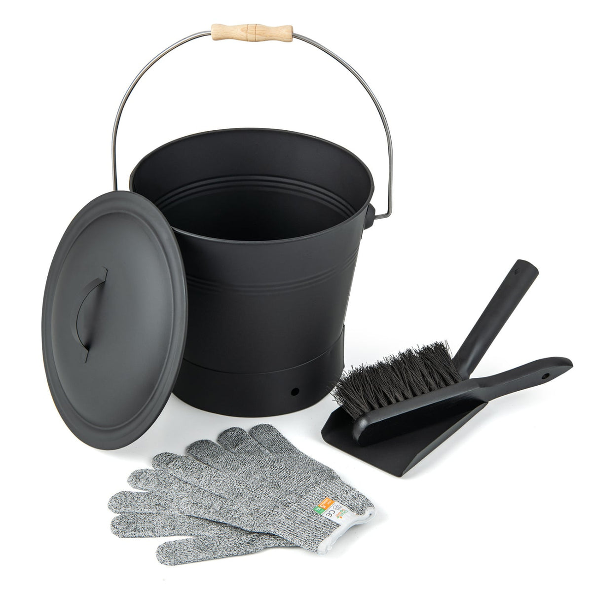 Ash Bucket with Lid and Cut-resistant Gloves-Black-Fireplace Tools-DECOROLALA