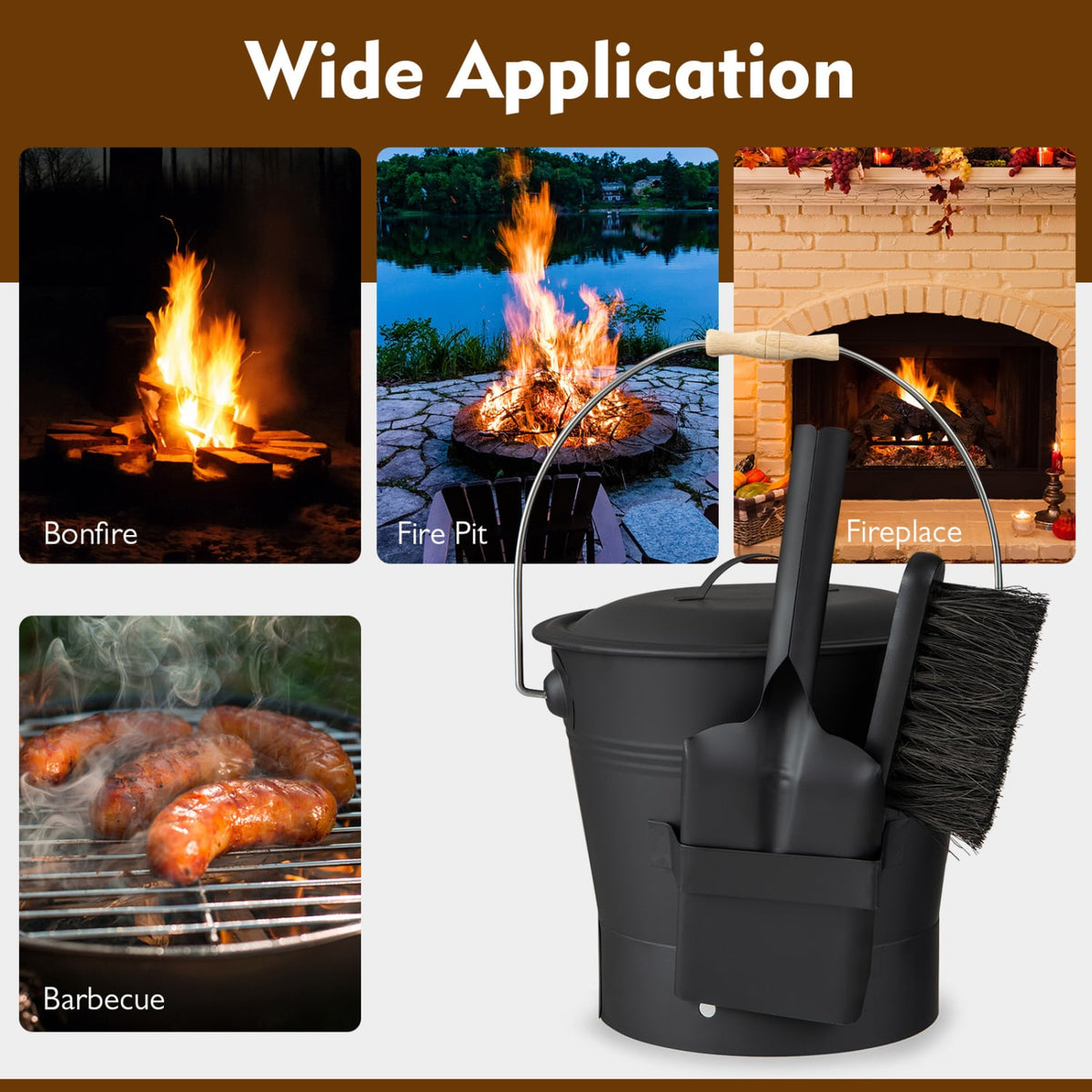 Ash Bucket with Lid and Cut-resistant Gloves-Black-Fireplace Tools-DECOROLALA