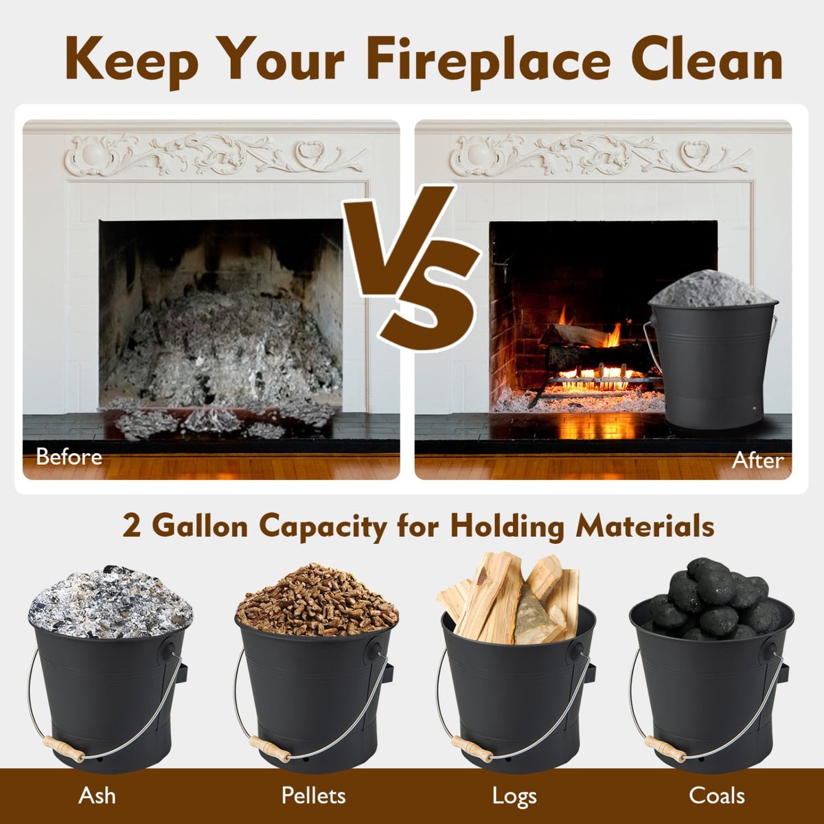 Ash Bucket with Lid and Cut-resistant Gloves-Black-Fireplace Tools-DECOROLALA