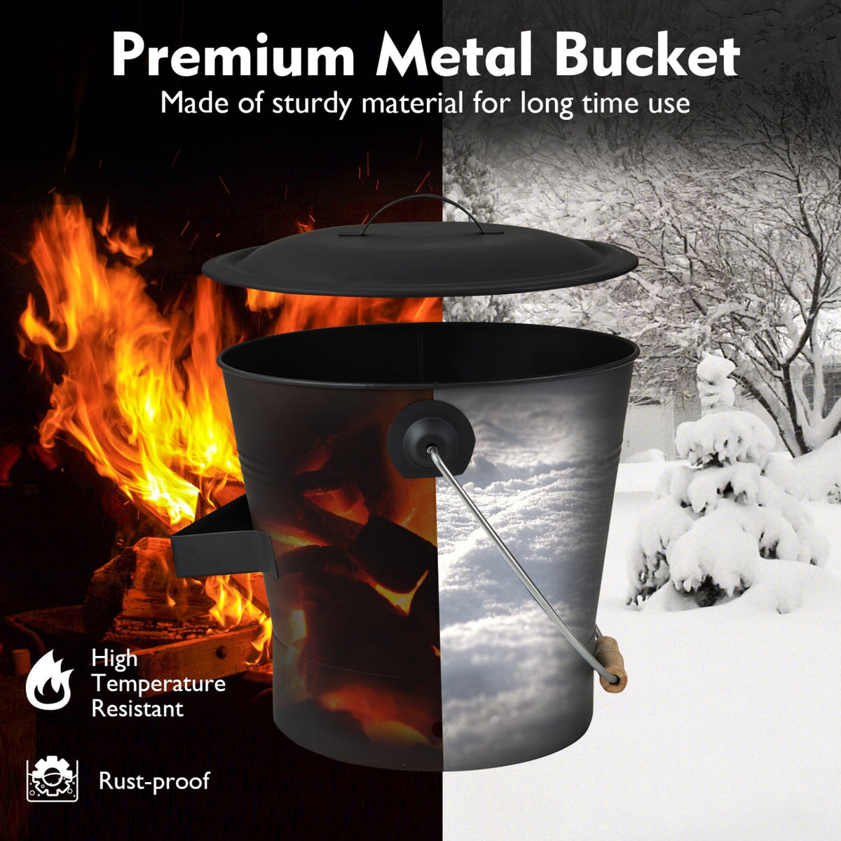 Ash Bucket with Lid and Cut-resistant Gloves-Black-Fireplace Tools-DECOROLALA