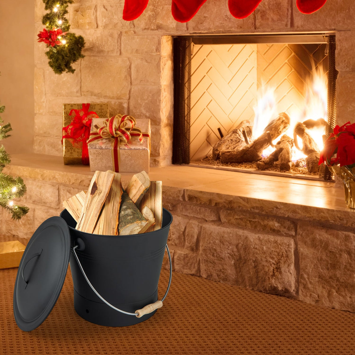 Ash Bucket with Lid and Cut-resistant Gloves-Black-Fireplace Tools-DECOROLALA