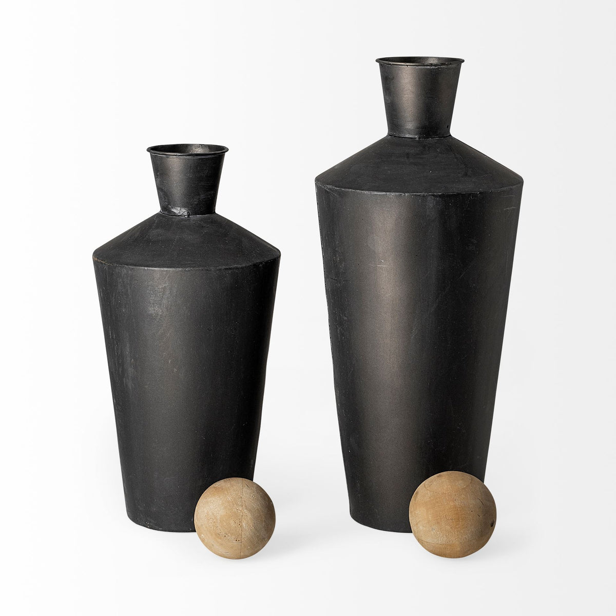Asher Set of Two Black Metal and Wood Decorative Urns-Jars Jugs Urns-DECOROLALA