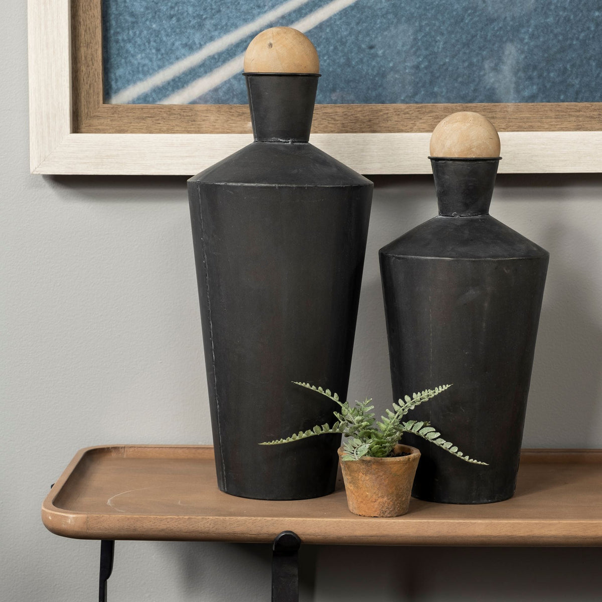 Asher Set of Two Black Metal and Wood Decorative Urns-Jars Jugs Urns-DECOROLALA