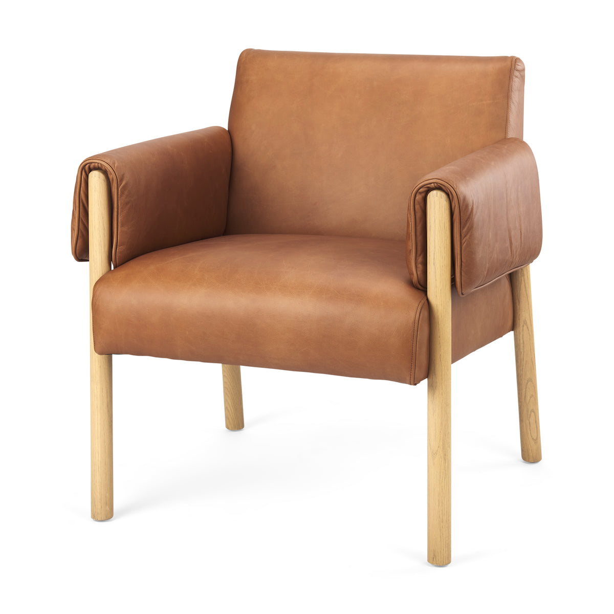 Ashton Brown Leather Accent Chair - Light Wood-Accent Chairs-DECOROLALA