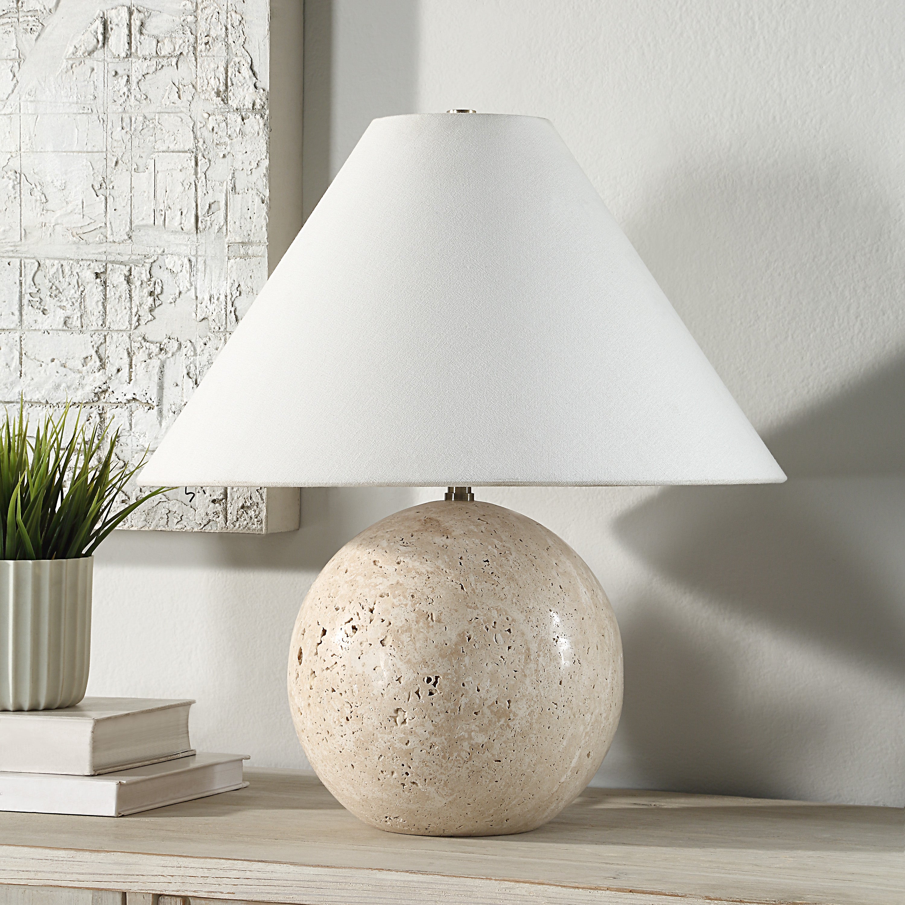 Assen 19" Table Lamp - Travertine Base, Beige-Table Lamp-DECOROLALA