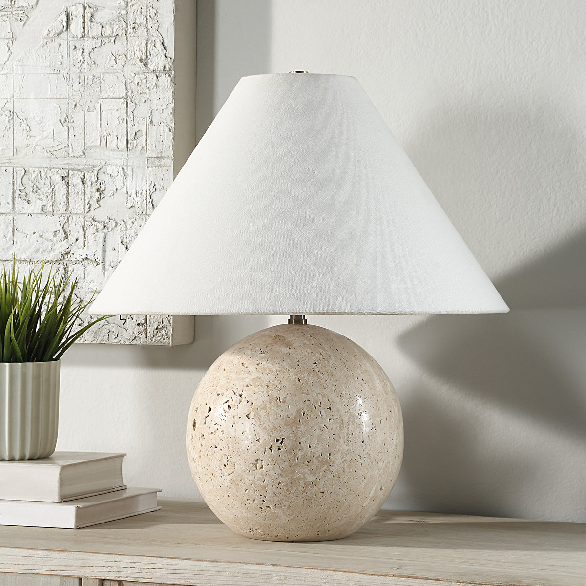 Assen 19" Table Lamp - Travertine Base, Beige-Table Lamps-DECOROLALA