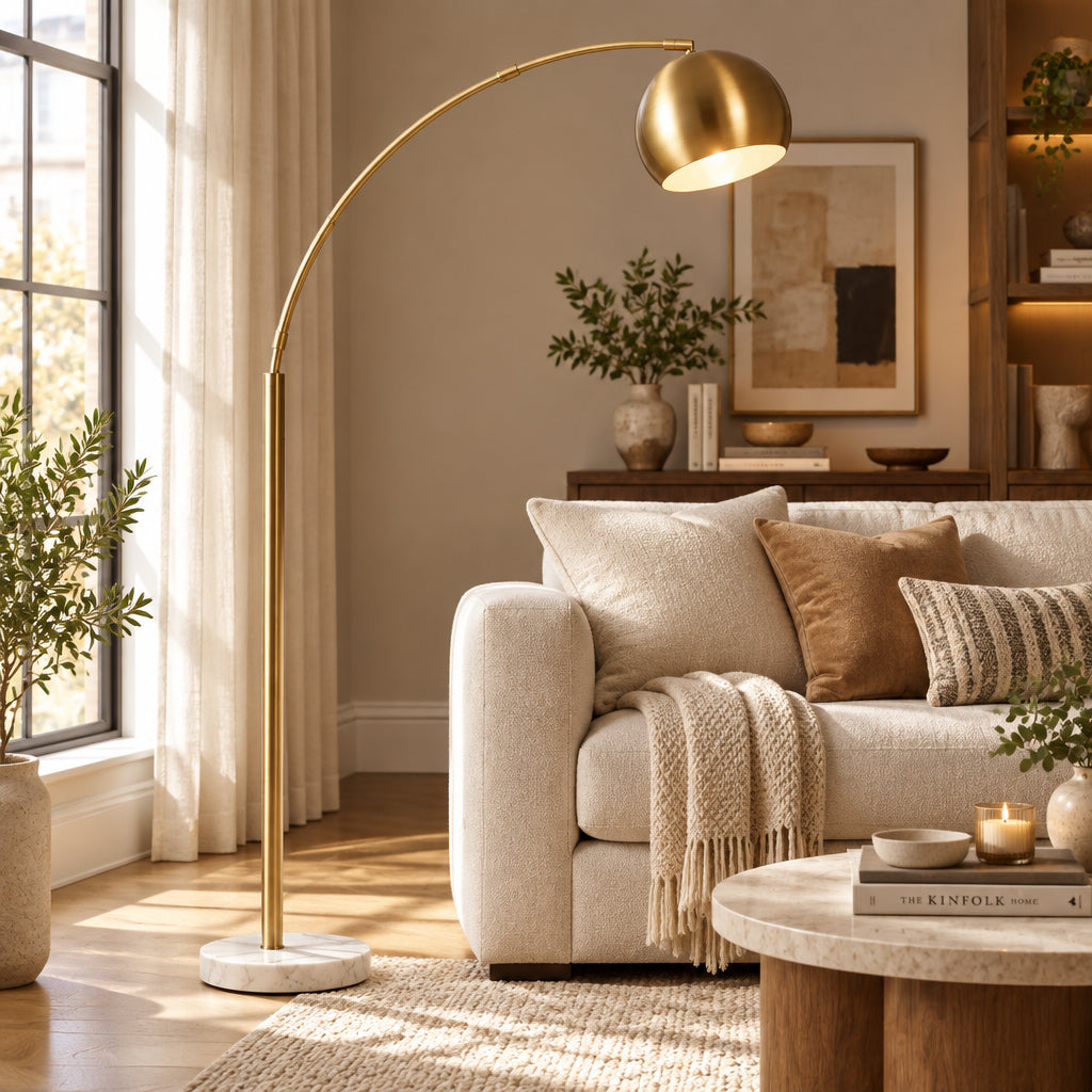 Astoria Arc Lamp - White Marble Base Brass-Lighting-DECOROLALA