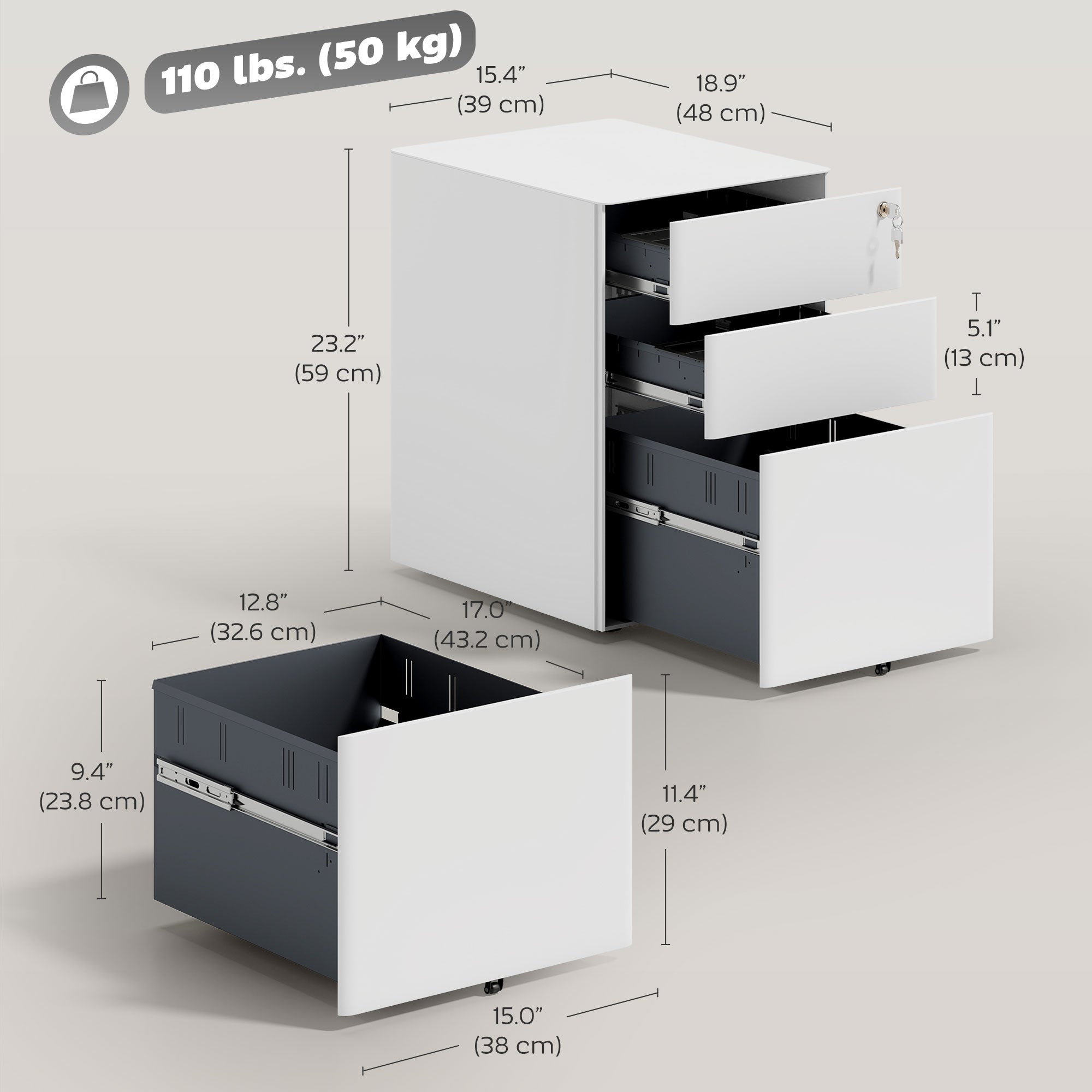 3-Drawer Steel Filing Cabinet with Lock and Wheels - White