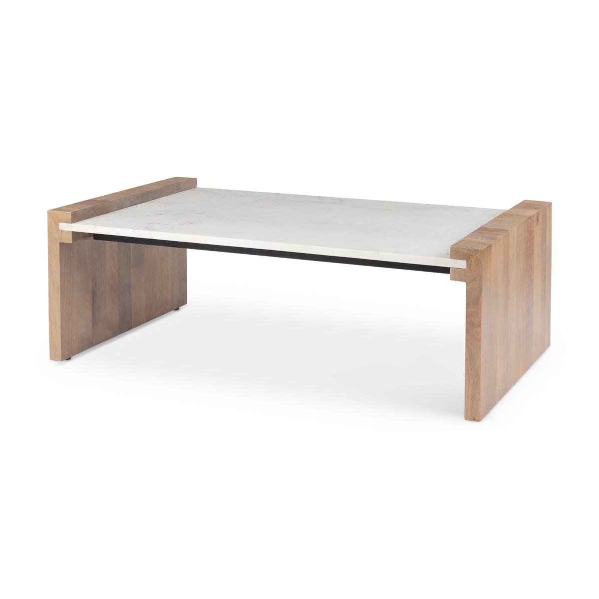 Athens 48.0L x 28.0W x 16.0H Light Brown Wood and White Marble Coffee Table-Coffee Tables-DECOROLALA