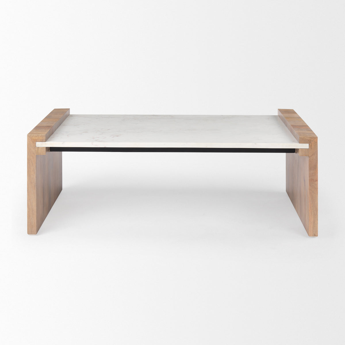 Athens 48.0L x 28.0W x 16.0H Light Brown Wood and White Marble Coffee Table-Coffee Tables-DECOROLALA