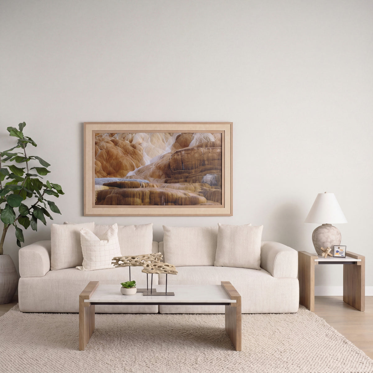 Athens 48.0L x 28.0W x 16.0H Light Brown Wood and White Marble Coffee Table-Coffee Tables-DECOROLALA