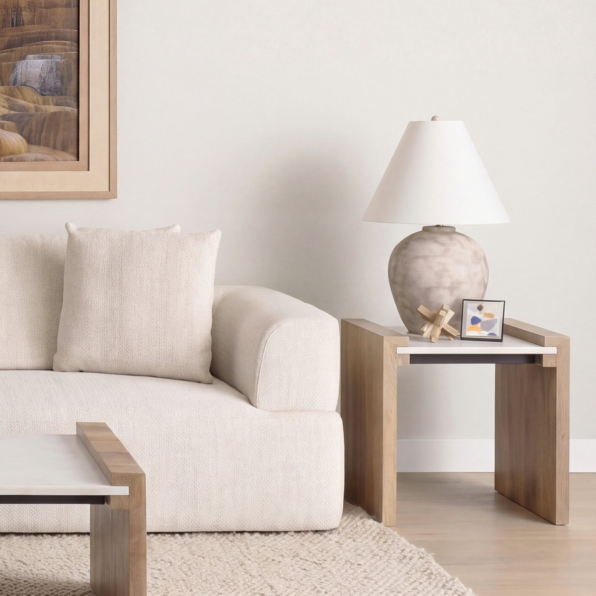 Athens Light Brown Wood w/ White Marble Accent Table-Accent Tables-DECOROLALA