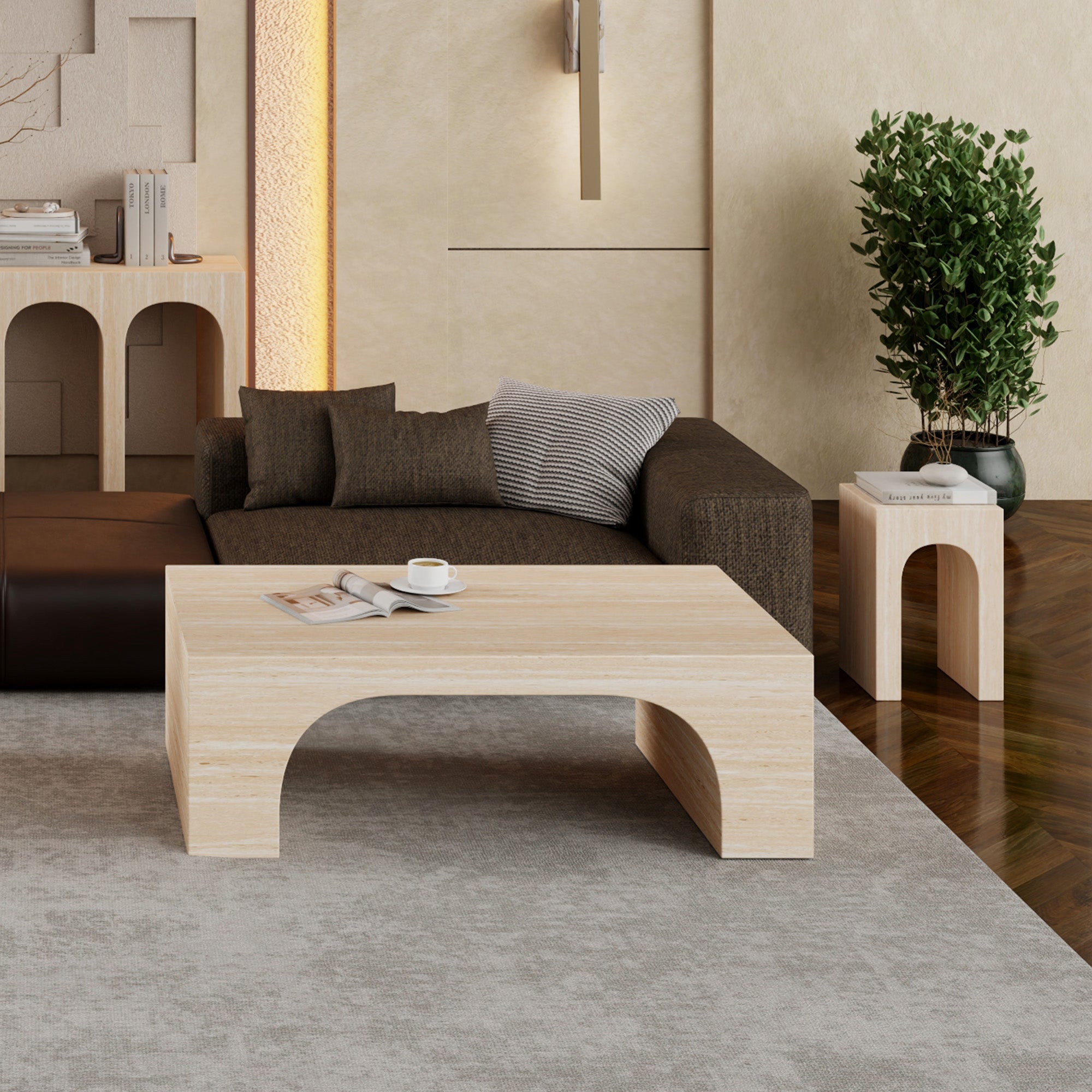 Atticus Arched Coffee Table - Travertine Finish-DECOROLALA