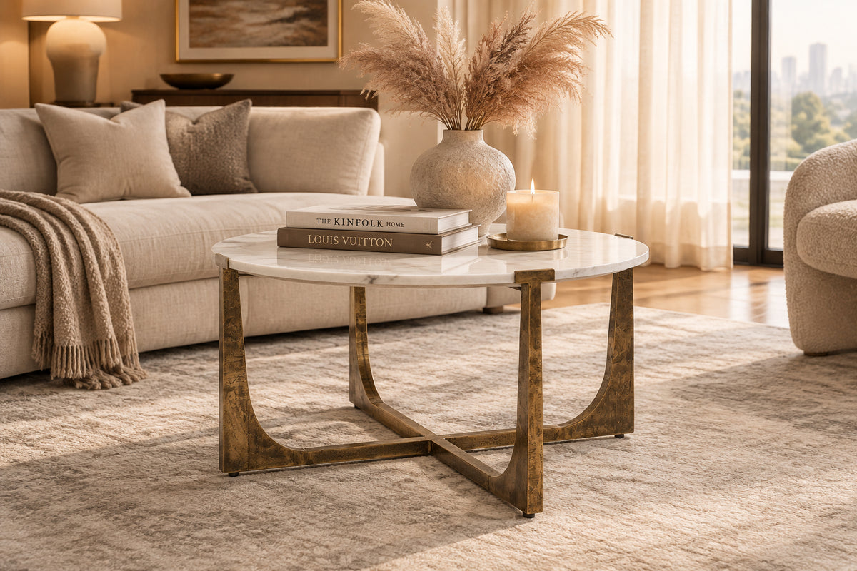 Atticus Marble and Antiqued Gold Metal Coffee Table-Coffee Tables-DECOROLALA