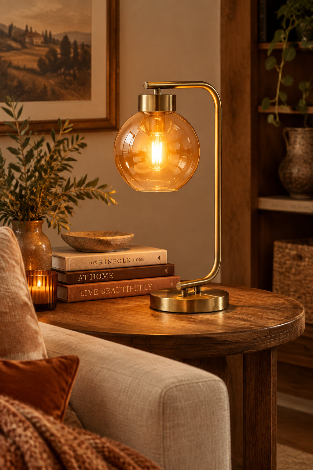 Atticus Table Lamp 20" Antique Brass Amber-Lighting-DECOROLALA