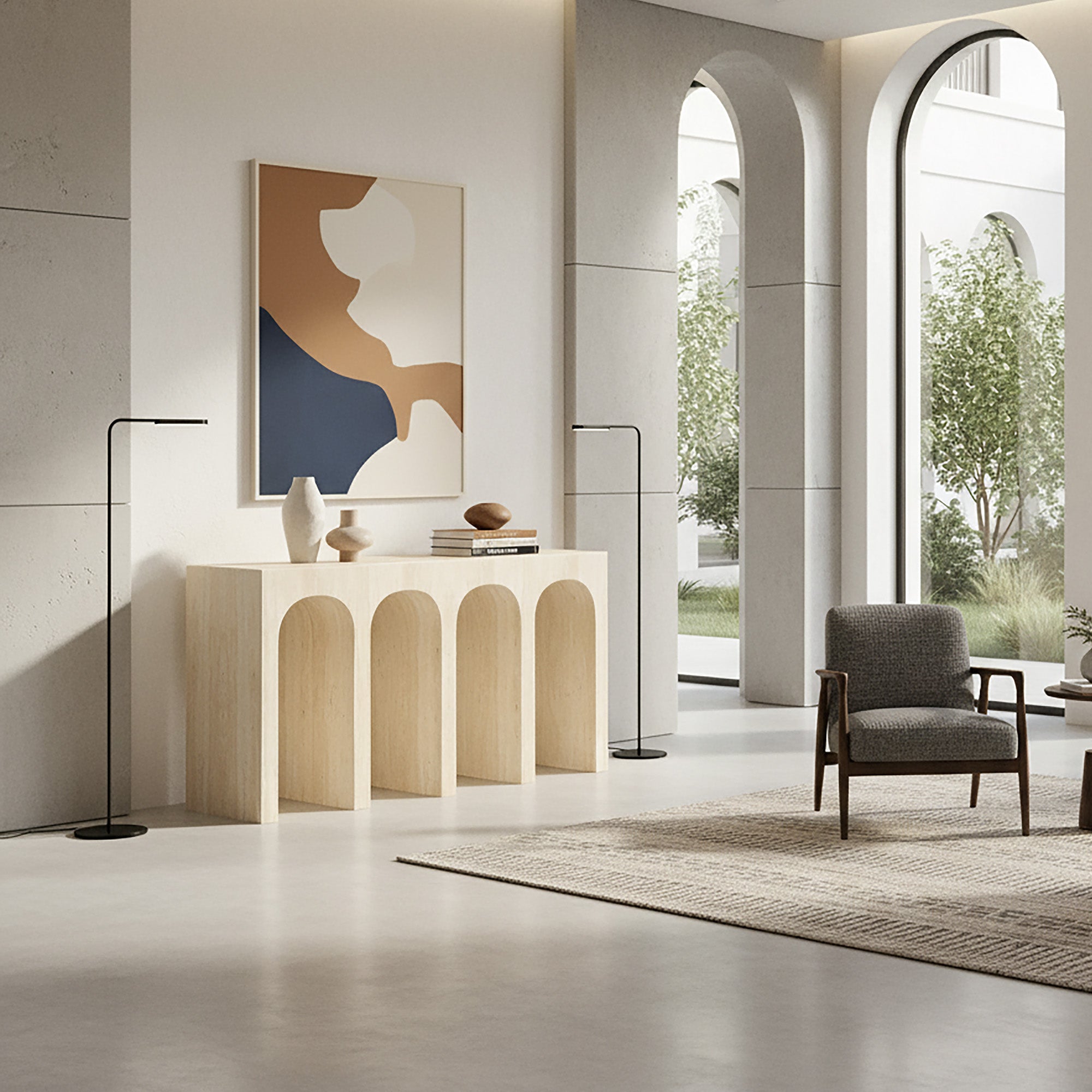 Atticus Travertine Console Table with Arches-DECOROLALA