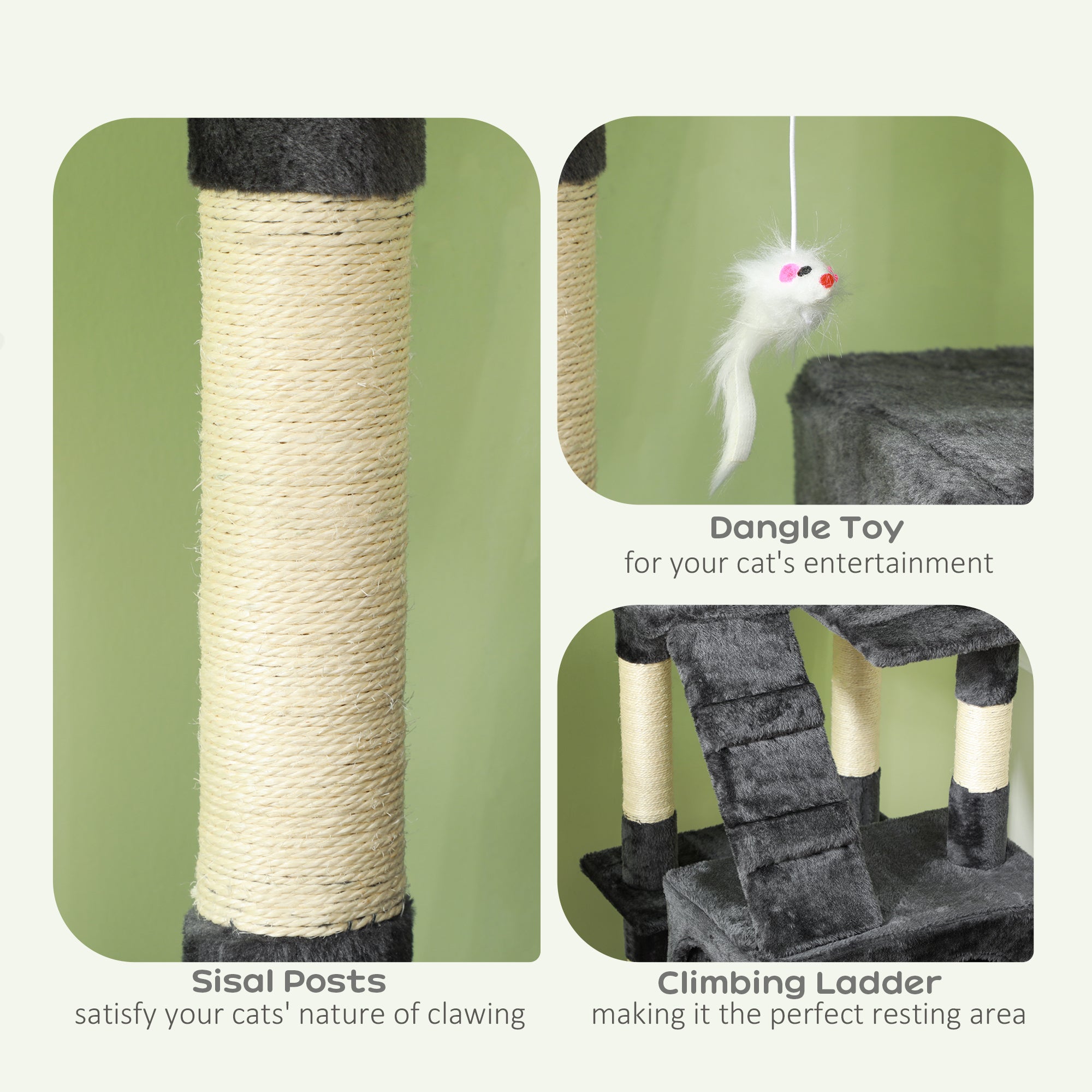 68" Multi-Level Cat Scratching Tree with 3 Perches & 2 Condos, 4 Tier Kitty Activity Center with Ladders & Dangling Toys, Grey