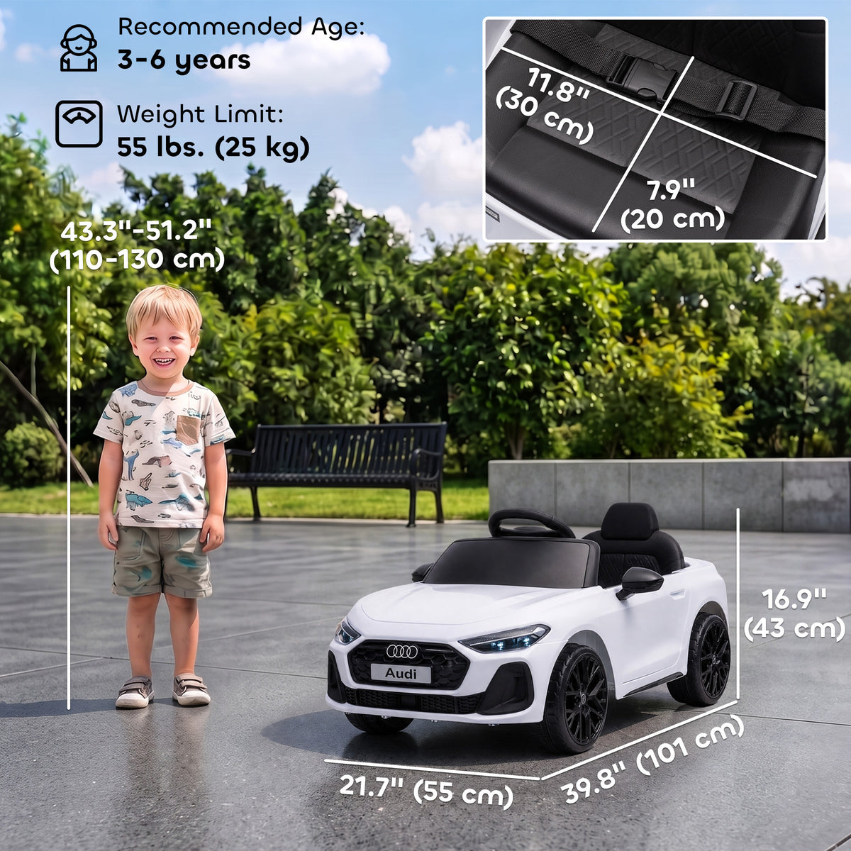 Audi A5L Licensed Electric Ride on Car for Kids with Remote Control Dual Motors 4-Wheel Suspension Music for 3-6, White-Toys & Games > Baby & Toddler Toys > Electric Ride-On Toys > Electric Toy Cars-DECOROLALA