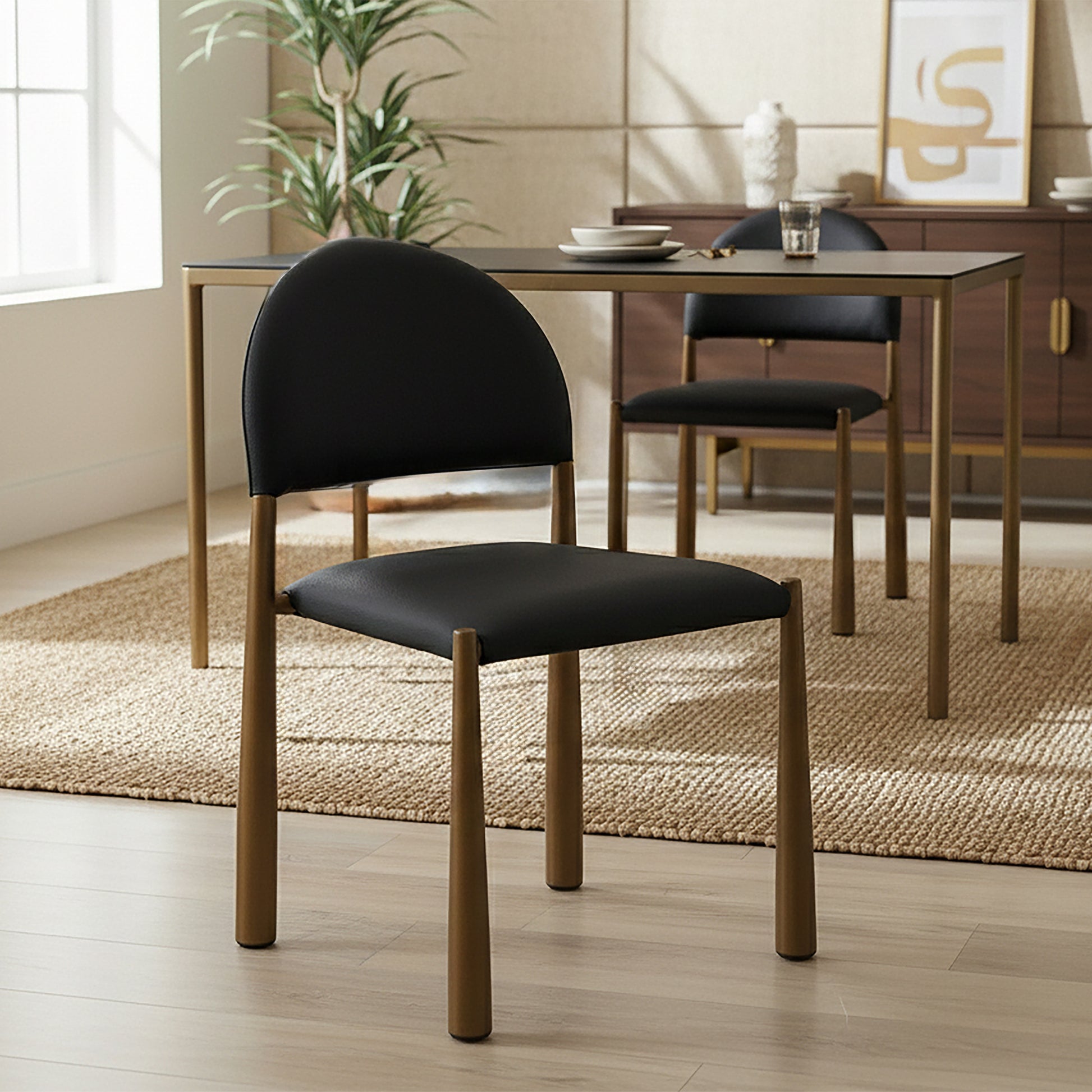Auggie Modern Dining Chair - Black Faux Leather & Aged Gold-DECOROLALA