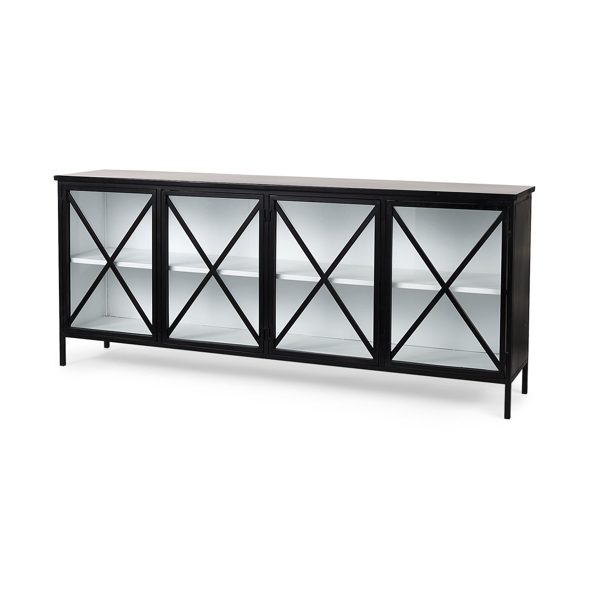Aurelia 79.0L x 16.0W x 33.0H Black and White Metal Four Door Glass Cabinet-Sideboards & Buffets-DECOROLALA